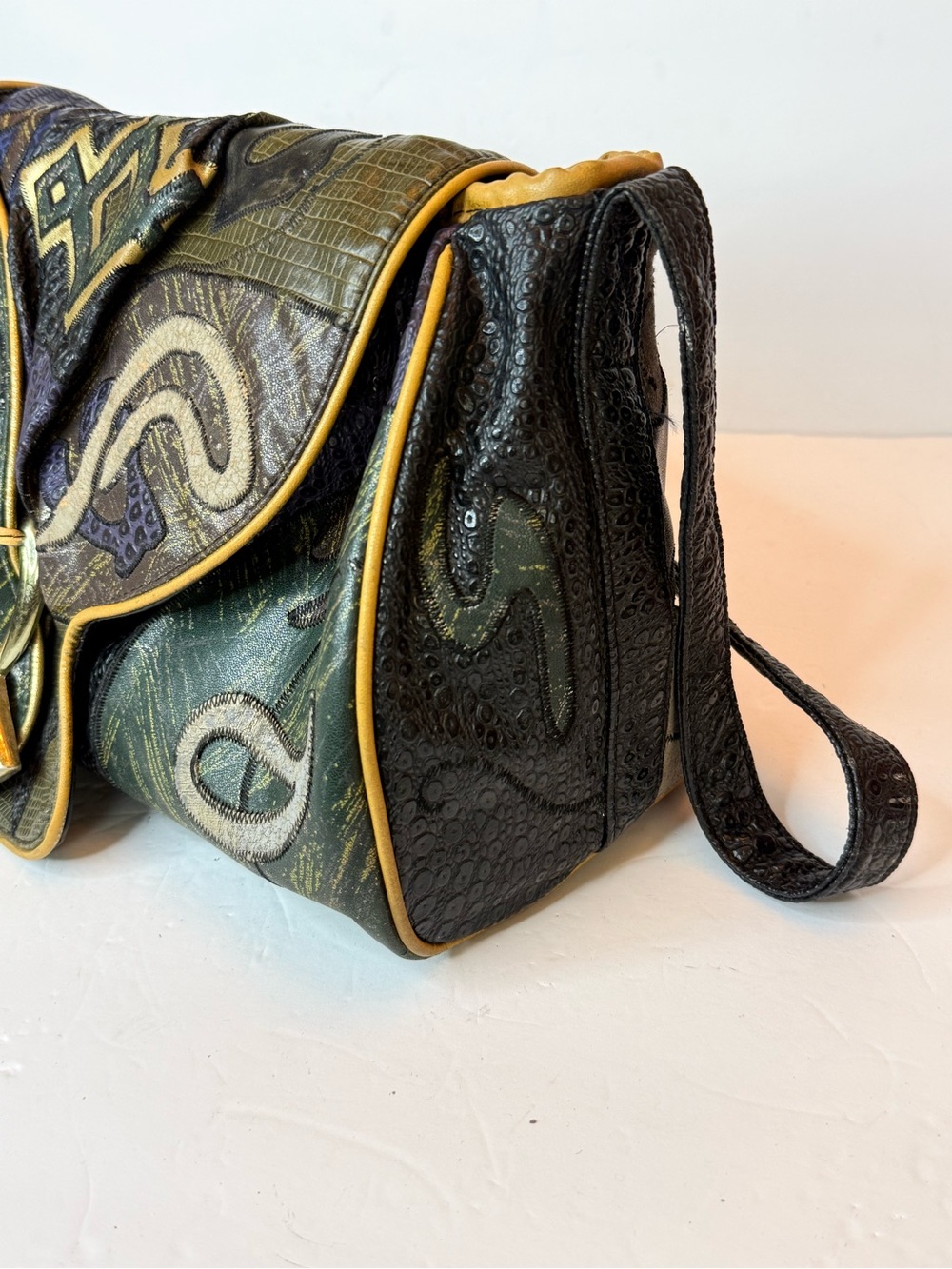 Vintage Artisan Abstract Patchwork Shoulder Bag in Green and Gold - Picture 9 of 9